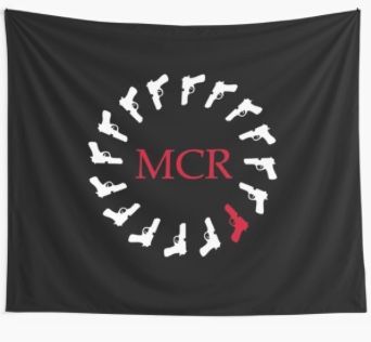 MCR wall tapestry Mcr Tapestry, Bedroom Redesign, Tapestry Bedroom, My Chemical Romance, Wall Tapestry, Room Furniture, Room Ideas, Romance, Tapestry