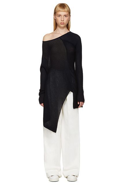 Sheer Clothing Doesn’t Have To Be Scary  #refinery29  http://www.refinery29.com/2016/06/114634/see-through-clothes-summer-2016#slide-10  The embodiment of asymmetrical post-modern poetry.Marques Almeida Deconstructed Single Shoulder Sweater, $530 $249, available at SSENSE. ... Asymmetric Sweater, Sheer Clothing, Asymmetrical Sweater, Traditional Attire, Knit Cotton, Shoulder Sweater, Cotton Sweater, Costume Design, Dark Navy