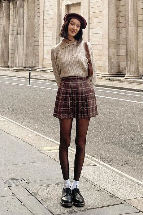 Dark Academia Loafer Outfit, University Aesthetic Clothes, French Dress Up, Cambridge Aesthetic Outfit, Plaid Skirt And Loafers Outfit, Red Tweed Skirt Outfit, Brown Plaid Pleated Skirt Outfit, November Outfits 2022, Shop Cider Outfits