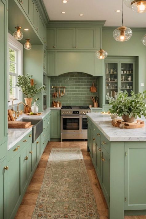 Top Ideas for Kitchen Interior Design Rustic Sage Kitchen, All Green Kitchen, Sage Cupboards, Sage Green And Copper Kitchen, Green Tile Kitchen, Light Green Kitchen Cabinets, Kitchen With Green Cabinets, Apple Green Kitchen, Modern Kitchen Design Trends