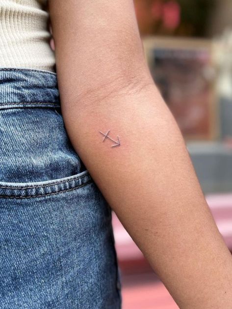 The Sagittarius Sign ~ Astrid & Miyu Single Line Tattoos Dainty Sagittarius Tattoo, Small Tattoos Sagittarius, Small Sagittarius Tattoos For Women, Small Sagittarius Tattoo, Sagittarius Sign Tattoo, Sagittarius Tattoo Minimalist, Saggitarius Tattoo Unique, Wild Child Tattoo, Juliana Core