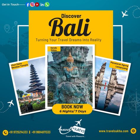 🌴 Dreaming of turquoise waters and lush landscapes? Explore the beauty of Bali with our exclusive tour packages! From stunning beaches to ancient temples, Bali has it all. Book your unforgettable adventure today! #BaliTour #ExploreBali #TravelGoals #balipackage #indonesia #garudavishnu #vishnutemple #balidestination #bali2024 Photoshop Eyes, Tourism Ads, 3d Fonts, Tourism Design, Bali Tour, Restaurant Web, Abstract Wall Painting, Bali Holidays, Media Poster