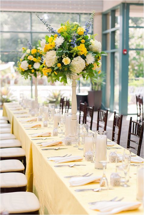 Light Blue and Yellow Wedding | Hill City Bride Wedding Blog Reception Light Blue And Yellow Wedding, Light Yellow Weddings, Blue And Yellow Wedding, Blue Yellow Weddings, Wedding Color Schemes Blue, Yellow Wedding Colors, Yellow Wedding Inspiration, Baby Blue Weddings, Table Floral Arrangements