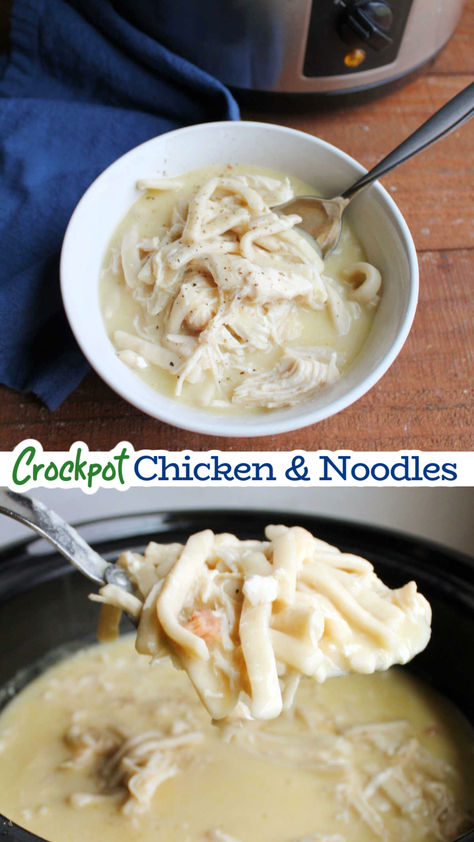 Creamy Crockpot chicken and noodles are comforting and delicious. This recipe is easy to make and is sure to become a favorite dinner in your home like it is in ours. Chicken And Noodles Recipe Crockpot, Easy Chicken And Noodles Crockpot, Crockpot Noodle Recipes, Comforting Chicken And Noodles, Noodles Crockpot, Homemade Chicken And Noodles, Easy Chicken And Noodles, Crockpot Chicken Noodle Soup, Creamy Crockpot Chicken