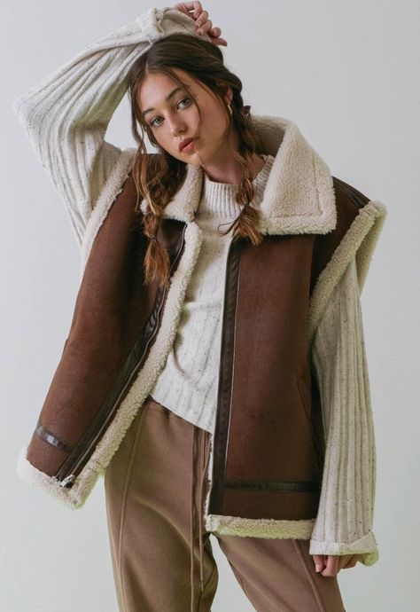 Faux shearling vest with front zipper. Suede Sherpa Vest Outfit, Shearling Vest Outfit, Sherling Vest, Sherpa Vest Outfit, Faux Shearling Vest, Vest Outfit, Sewing Projects Clothes, Sherpa Vest, Shearling Vest