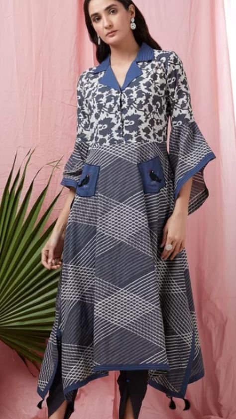 Beautiful Printed cotton Kurti with shawl collar and asymetric bell sleeves. Collar Kurti Design Cotton, Shirt Collar Kurti Design, Shirt Collar Kurti, Collar Kurti Design, Collar Kurti, Ikkat Dresses, Indian Kurti Designs, Stylish Kurtis Design, Girls Dresses Sewing