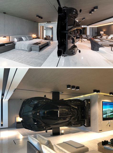 This modern oceanfront condo in Miami has a Pagani Zonda R racing car installed as part of the decor, that serves as a high-impact partition between the living room and master suite. #RacingCar #RoomDivider #ModernInterior Skjulte Rum, Zonda R, Pagani Zonda R, Luxury Garage, Cars Room, Pagani Zonda, Oceanfront Condo, Garage House, Garage Design