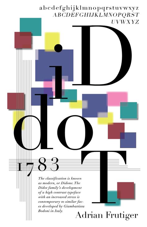 Font: Didot Creator: Firmin Didot I chose this because I like how the blurred squares complement the regular squares. Didot Poster, Didot Font Poster, Didot Font, Font Specimen Poster, Type Specimen Layout, Font Specimen, Type Specimen Book Cover, Typeface Specimen Book, Typeface Specimen Poster