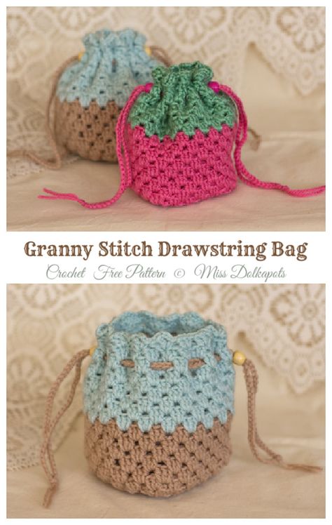 Granny Stitch Drawstring Bag Crochet Free Patterns - Crochet & Knitting Crocheted Purses, Crochet Granny Stitch, Pouch Ideas, Crochet Drawstring Bag, Crochet Mini Bag, Granny Square Haken, Granny Stitch, Patterns Simple, Cozy Design