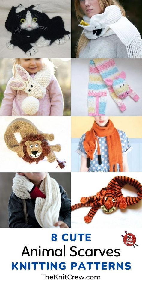 8 Cute Knitted Animal Scarf Patterns. These Cute Knitted Animal Scarf Patterns are curated by The Knit Crew. Knitted Shawls For Kids, Animal Scarf Knitting Pattern, Animal Scarf Crochet Pattern, Abstract Knitwear, Childrens Scarf Pattern, Kids Scarves Knit, Fox Scarf Pattern, Animal Scarves, Cow Scarf