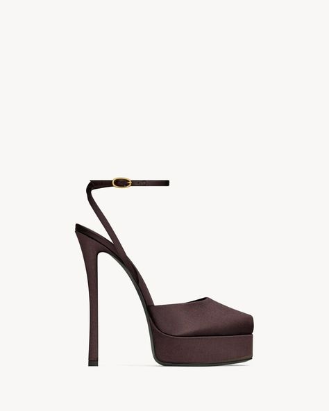 LA SCANDALE platform sandals in satin crepe | Saint Laurent | YSL.com Types Of Shoes For Women, Saint Laurent Heels, Brown Accessories, Walk This Way, Types Of Shoes, Platform Sandals, Dark Brown, Saint Laurent, High Heels