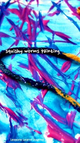 Squishy Worms Painting using yarn. Fun, messy process art for toddlers and preschoolers. via Lessons Learnt Journal Process Art For Toddlers, Worms Preschool, Art For Toddlers, Bug Activities, Insects Preschool, Spring Lessons, Bugs Preschool, Insect Activities, Toddler Lessons