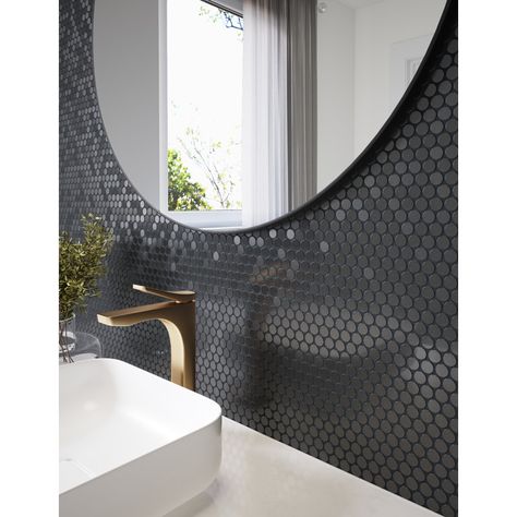 Speed tiles 12'' W x 11.97'' L Metal Peel and Stick Mosaic Tile | Wayfair Penny Tiles Bathroom, Black Tile Bathrooms, Unsanded Grout, Exterior Tiles, Apartment Vibes, Penny Round Tiles, Stainless Kitchen, Tiles For Wall, Penny Tile