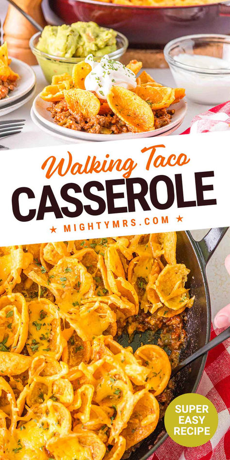 Walking Taco Casserole Minimal Ingredient Meal Prep, Football Apps, Walking Taco Casserole, Cottagecore Recipes, Walking Taco, Walking Tacos, Pot Dinners, Mexican Dessert Recipes, Taco Casserole