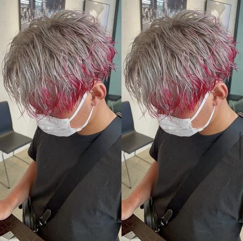 Silver And Red Hair, Silver Red Hair, Ftm Haircut, Blonde With Red Highlights, Red Hair Tips, Red Highlights In Brown Hair, Silver Hair Men, Hair Types Men, Red Hair Boy