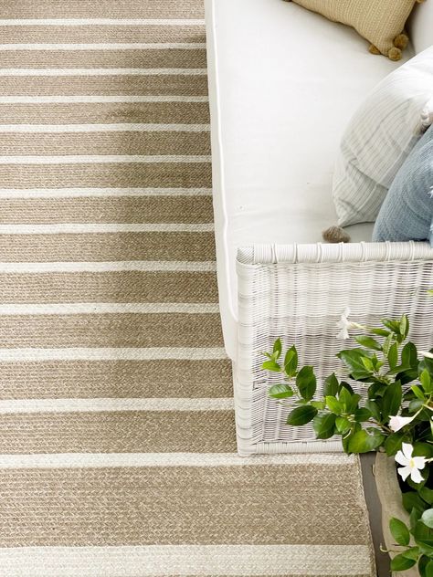 Striped better homes & gardens rug from walmart that is perfect for a coastal home. Bedroom Fall Decorations, Fall House Decorations, Fall Outdoor Space, Neutral Coastal Decor, Coastal Oak, Fall Decorating Ideas, Outdoor Lounge Area, Curated Home, Fall Front Porch Decor