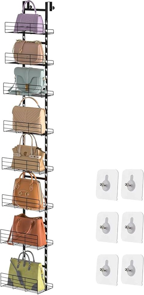 Amazon.com: Aokitsink Purse Organizer Over The Door: Adjustable Metal Bag Handbag Organizer for Wall Detachable Purse Holder for Closet - Can Use As 1/2 Part Wall Mounted Adjustable Bag Rack with Stickers : Home & Kitchen Ways To Store Purses, Pocketbook Storage Ideas, Bag Storage Ideas Small Space, Organize Purses In Closet, Purse Hanging Ideas, Closet Purse Storage, Purse Organization Closet, Organize Purses, Purse Storage Ideas