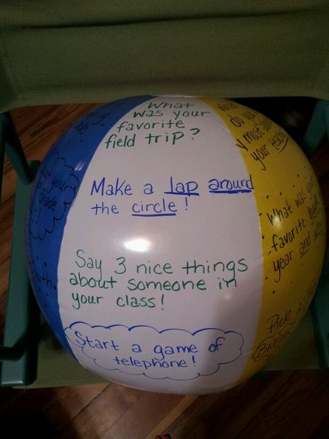 Last day of school activity! Have your kids sit in a large circle and pass the beach ball around. Whichever question/activity their thumb lands on is the one they do! Get To Know You Beach Ball Questions, Beach Ball Get To Know You Questions, Beach Ball Games Classroom, Beach Ball Question Game, Fun Club Activities, Beach Day In Classroom, Beach Themed Classroom Activities, Beach Ball Ice Breaker Questions, Beach Day School Activities