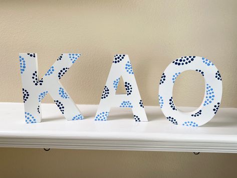 Sorority Letters Painted Wooden Easy, Greek Letter Painting Ideas, Blue Sorority Letters, Painted Greek Letters Wooden, Aoii Paintings, Sorority Letters Painted Wooden, Sorority Painted Letters, Sorority Crafts Letters, Sorority Wooden Letters