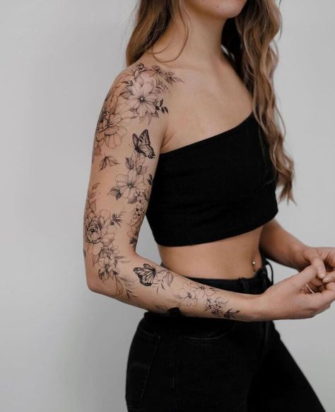 3. Scattered flowers and butterflies Scattered Sleeve Tattoo, Bold Tattoos For Women, Random Tattoo Sleeve, Minimalist Sleeve Tattoo For Women, Whole Arm Tattoo, Edgy Tattoo For Women, Feminine Sleeve Tattoo Ideas, Scattered Tattoos Sleeve Women, Feminine Sleeve Tattoo