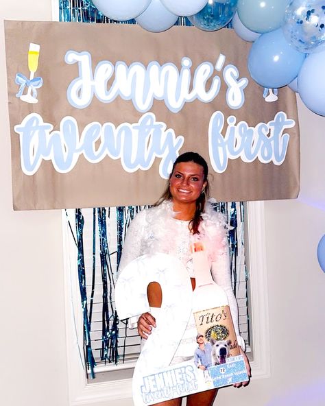 jennie’s 21st! 🩵🥂 thank you @christindefranco 🫶🏽🫶🏽 - - 🏷️s: #banner #paintedbanner #birthdaybanner #signnight #21stbanner #21stbday #birthdaydecor #21stdecor 21 Birthday Banner Ideas, 21 Birthday Banner, 21 St Birthday Party Ideas, 21st Birthday Banner, Banner For Birthday, 20th Bday, 21 Birthday, Blue Banner, Birthday Banners