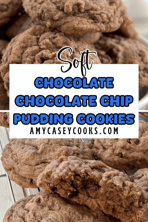 This recipe is for chocolate lovers and those who want a decadent treat. These Chocolate Chocolate Chip Pudding Cookies are the perfect blend of rich chocolate flavor and soft cookie goodness. With the addition of instant pudding mix, these cookies are incredibly soft and deliciously indulgent. You'll want to make these double chocolate cookies over and over again. Chocolate Chip Cookies Recipe With Pudding, Pudding Chocolate Chip Cookies, Chocolate Chip Cookies With Pudding, Pudding Chocolate Chip Cookie Recipe, Chocolate Chip Cookies Made With Pudding, Chocolate Chip Cookies With Pudding Mix In Them, Instant Pudding Chocolate Chip Cookies, Chocolate Chip Cookies With Instant Pudding, Chocolate Pudding Cookies