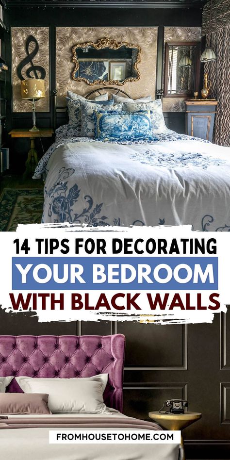 14 tips for decorating your bedroom with black walls Black Bedroom Walls, Master Bedrooms Decor Romantic, Yellow Headboard, Dark Romantic Bedroom, Black Bedroom Ideas, Decorating Your Bedroom, Black Walls Bedroom, Dramatic Bedroom, Fall Bedroom Ideas