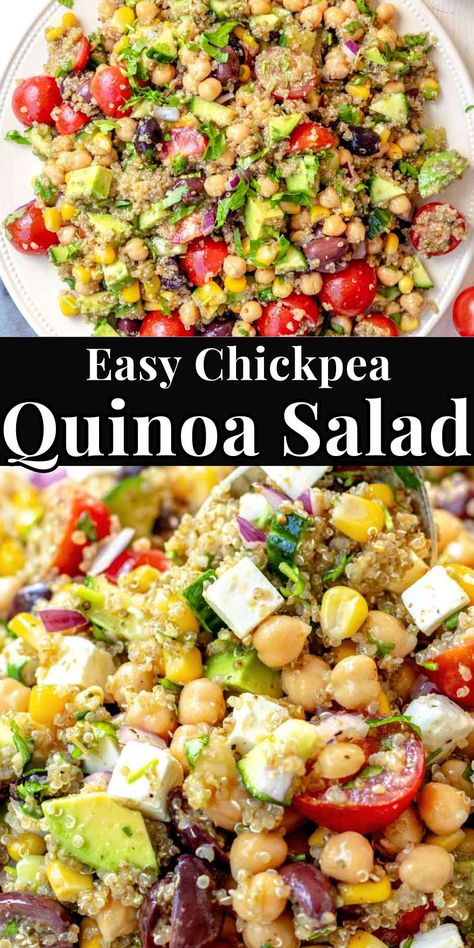 This quinoa chickpea salad is healthy and delicious. It contains protein-rich chickpeas and quinoa, crunchy and colorful veggies, and a heavenly honey-mustard dressing.This recipe is excellent for meal prep. It requires less than 30 minutes to prepare, and it uses simple ingredients. Moroccan Chickpea Quinoa Salad, Weight Watchers Quinoa Recipes, Roasted Chick Pea Quinoa Salad, Quinoa Salad With Chickpeas, Quinoa Dressing Recipes, Quinoa And Chickpea Salad, Chickpea Salad Dressing, Quinoa Recipes Salad, Quinoa Dressing