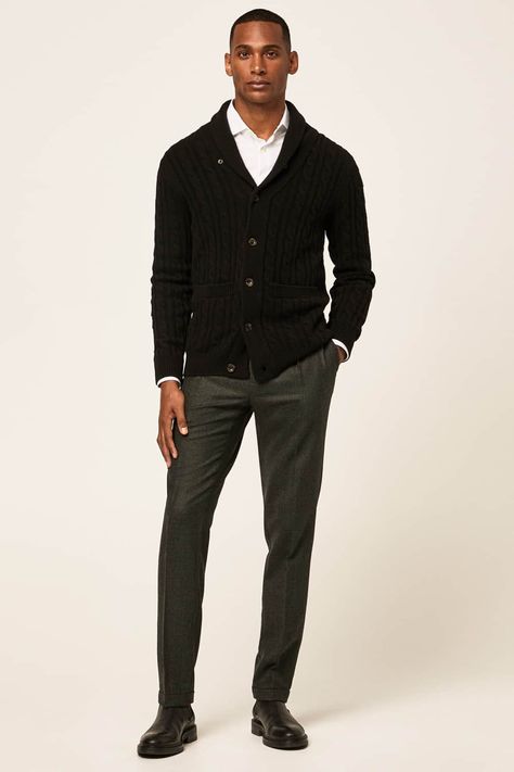 Shirt And Cardigan Outfit Men, Cardigan Outfit Men Formal, Black Cardigan Outfit Men, Mens Black Cardigan Outfit, Old Money Cardigan Outfit Men, Men Cardigan Outfit, Patterned Cardigan Outfit, Mens Business Casual Sweaters & Cardigans, Men’s Black Chelsea Boots Outfit