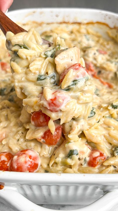 One-Pan Orzo Tuscan Chicken Bake - Bad Batch Baking - Restaurant Copycat Recipes & Family Favorites Best Recipes With Rotisserie Chicken, Delicious Family Dinner Recipes, Leftover Meals Ideas, One Dish Baked Meals, Healthy Dinner Bake, Easy Kid Dinner Ideas, Tuscan Chicken Orzo Recipes, Creamy Tuscan Orzo Recipe, Healthy Dinner Ideas Easy Quick