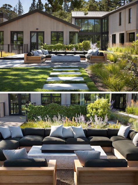 6 Large Backyard Landscaping Ideas We Noticed At This New House In California U Shaped Outdoor Seating, Deck Redo, Exterior Farmhouse, California Backyard, Large Backyard Landscaping, Roof Gardens, Rooms Design, Big Backyard, Outdoor Living Rooms