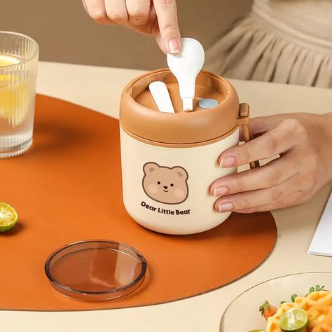 Stainless Steel Breakfast Cup With Lid Spoon Sealed Milk Cup Soya Bean Milk Cup Soup Pot | Don't Miss These Great Deals | Temu Cute Lunch Boxes, Bear Recipes, Thermal Lunch Box, Soup Cup, Bento Box Kids, Steel Lunch Box, Lunch Box Set, Stainless Steel Lunch Box, Portable Food