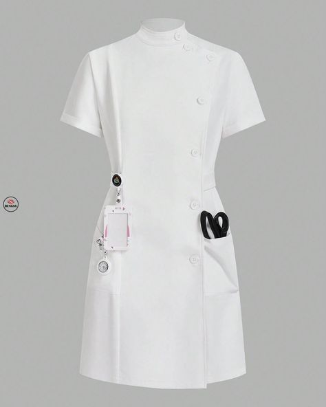 Nurses Dress Uniform Style, Nurse Uniform Modern White, Nurse Scrub Dress, White Nurse Dress, Scrub Dress, Doctor Uniform, Women Scrubs, Nurse Dress Uniform, Nurse Outfit