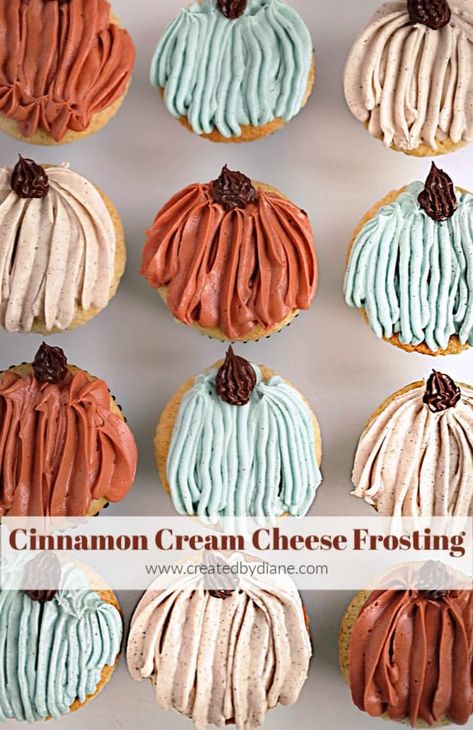 Cinnamon Cream Cheese Frosted Cupcakes | Created by Diane Fall Theme Cupcakes, Pumpkin Decorated Cupcakes, Fall Decorated Cupcakes, Cupcakes Cinnamon, Halloween Pumpkin Recipes, Cupcake Arrangements, Sprinkle Ideas, Cactus Cupcakes, Delicious Cupcakes Recipes