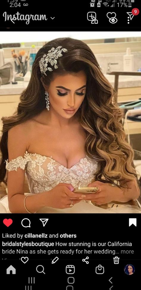 Princess Wedding Hairstyles Tiaras, Rhinestone Wedding Makeup, Bridal Shower Hair And Makeup, Beach Wave Wedding Hairstyles, Long Hair Styles For Bride, Wedding Hair Big, Bridal Hairstyles With Tiara, Outdoor Wedding Hairstyles, Strapless Wedding Dress Hair