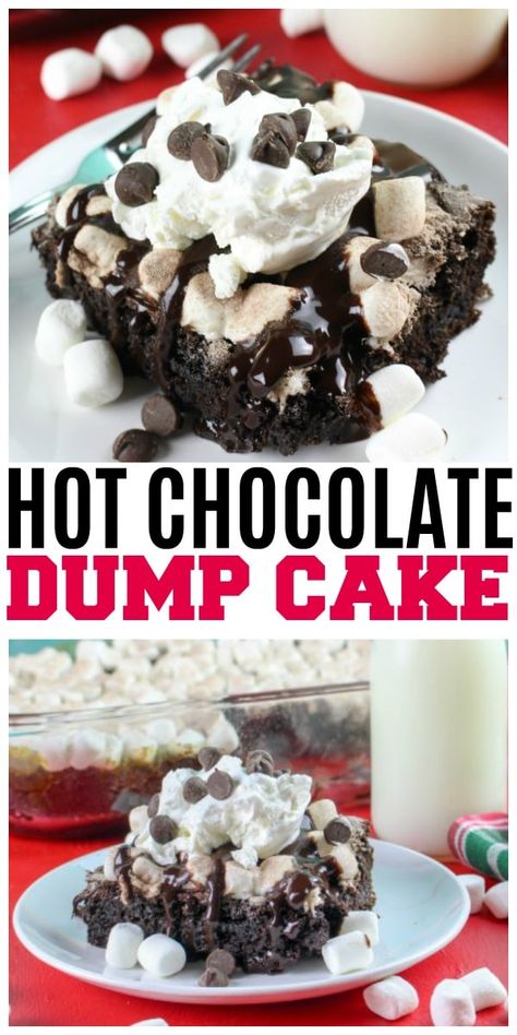 Hot Chocolate Dump Cake, Hot Cocoa Mix Brownies, Super Easy Chocolate Desserts, Hot Cocoa Dessert Recipes, Marshmallow Chocolate Poke Cake, Easy Winter Desserts Simple, Hot Cocoa Desserts, Hot Chocolate Dessert Recipes, Chocolate Dump Cake Recipes