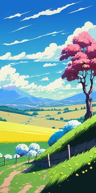 Una pintura de un paisaje con una oveja ... | Premium Photo #Freepik #photo #paisaje-rural #valle #pradera #paisaje-campo Premium Photo, Vision Board, Anime, Art