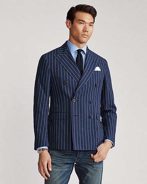 Pinstripe Blazer Outfit Men, Pinstripe Blazer Outfit, Cotton Twill Jacket, Striped Suit, Herringbone Jacket, Pinstripe Blazer, Ralph Lauren Slim Fit, Blazer Outfit, Twill Jacket