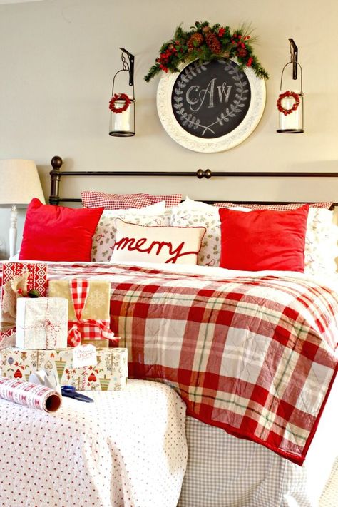 Master bedroom decorated for Christmas with plaid quilt and flannel bedding. Christmas Room Ideas For Teens, Red Toile Christmas, Room Ideas For Teens, Christmas Room Ideas, Toile Christmas, Flannel Bed Sheets, Plaid Bedding, Red Toile, Red Christmas Decor