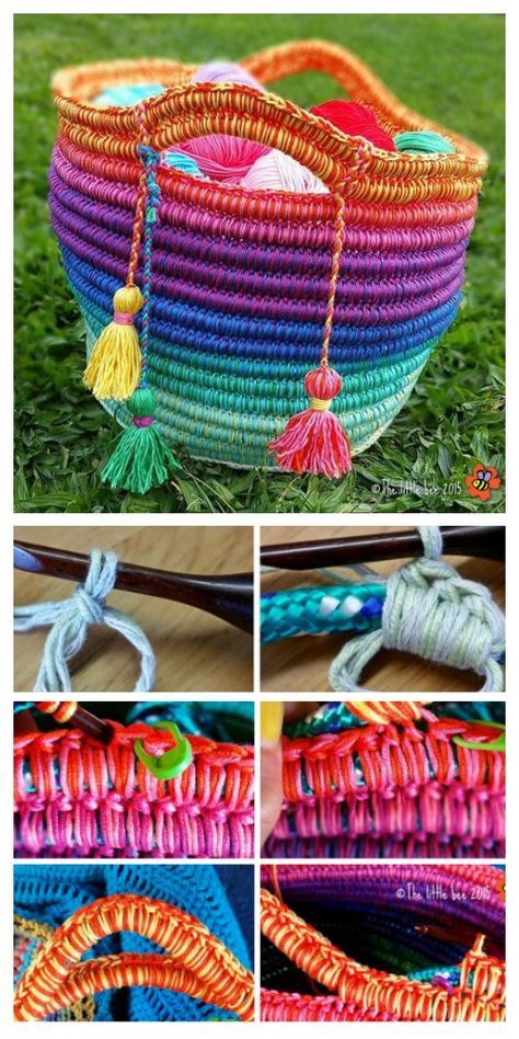 Rope Basket Tutorial, Basket Tutorial, Crochet Basket Pattern Free, Coiled Fabric Basket, Crochet Rainbow, Crochet Baskets, Crochet Bag Pattern Free, Crochet Basket Pattern, Crochet Rope