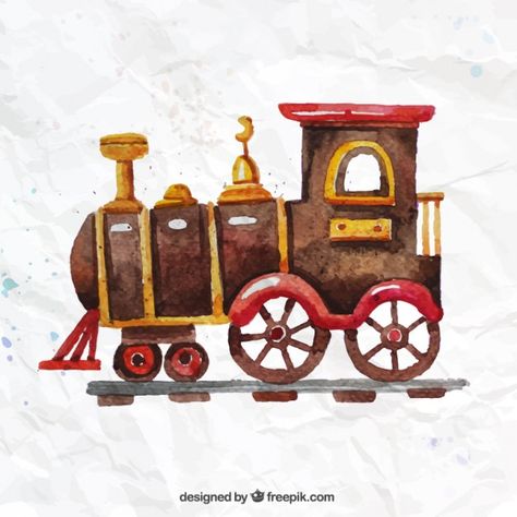 Train Drawing, Id Design, Vector Free Download, Vector Hand, Toy Train, Free Resources, Psd Files, Watercolor Illustration, Wooden Toy Car