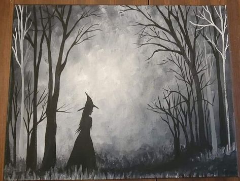 A Walk In The Woods acrylic painting tutorial with Amanda Leute. Full tutorial on two memeberships >> www.cocktailsandcolor.vip and via Enchantress Art Circle on Facebook Enchantress Art, Woods Acrylic Painting, Themed Paintings, Magical Landscapes, Witch Painting, Witch Silhouette, Circle Canvas, A Walk In The Woods, White Witch