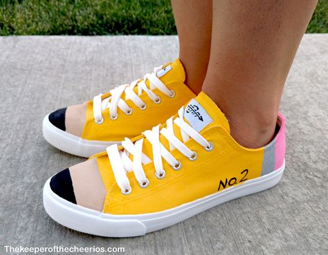 DIY Pencil Shoes - The Keeper of the Cheerios Pencil Shoes, Preschool Teacher Outfits, Teacher Shoes, Painting Teacher, Painted Shoes Diy, Classroom Idea, White Canvas Shoes, Diy Sneakers, Diy Pencil