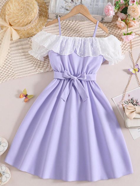 Lilac Purple Cute Collar Short Sleeve Fabric Colorblock A Line Embellished Non-Stretch  Girls Clothing Cute Purple Clothes, Lilac Clothes, Casual Purple Dress, Outfit Ideas Short, Purple Clothes, Purple Cute, Shein Kids, Dress Lilac, Cute Dress Outfits