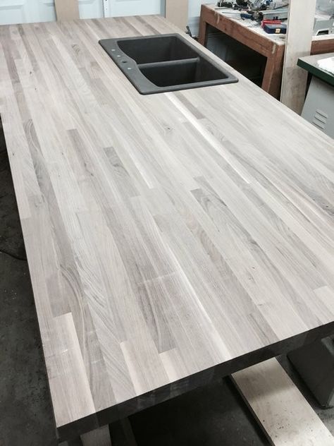 Gray Stained Butcher Block Countertops, Grey Butcher Block Countertops, Grey Butcher Block, Stained Butcher Block Countertops, Stain Butcher Block Countertops, Butcher Block Stain, Stained Butcher Block, Butcher Block Countertops Kitchen, Grey Stained Wood