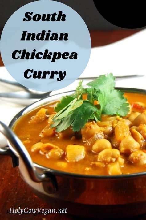 South Indian style chickpea curry in a karahi with cilantro. Indian Chickpea Curry, Easy Sambar Recipe, Chana Masala Recipe, Indian Dinner Recipes, Chickpea Curry Recipe, Vegan Indian Recipes, Real Foods, Healthy Indian Recipes, Spiced Chickpeas