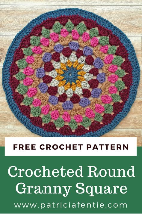 Learn how to crochet a round granny square motif in this FREE Crochet Pattern! This granny square mandala works up beautifully with each round increasing in beautiful symmetry. No octagon shapes here! This round crocheted mandala uses the basic granny square stitch to create a round granny square! Check it out. Circle Granny Square Blanket Free Pattern, Crochet Granny Square Round Free Pattern, Granny Stitch Circle, Crochet Granny Stitch In The Round, Circular Granny Square Blanket, Crochet Round Granny Square Pattern, Round Granny Square Crochet Patterns Free, Crochet Round Cushion Cover Free Pattern, Free Granny Stitch Crochet Pattern