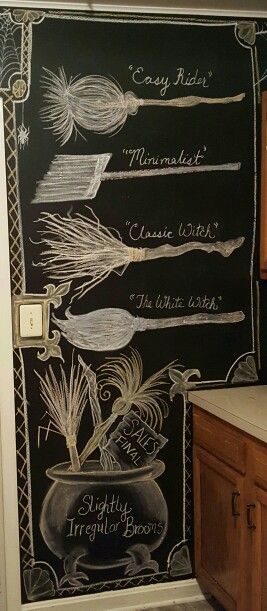 Chalk art Halloween Witch's broom design Halloween Blackboard Chalk Art, Witch Broom Art, Diy Halloween Chalkboard Sign, Chalk Art Halloween, Witch Broom Design, Thanksgiving Chalk Art, Halloween Chalkboard Art Witch, Halloween Chalkboard Ideas, Halloween Chalk Art