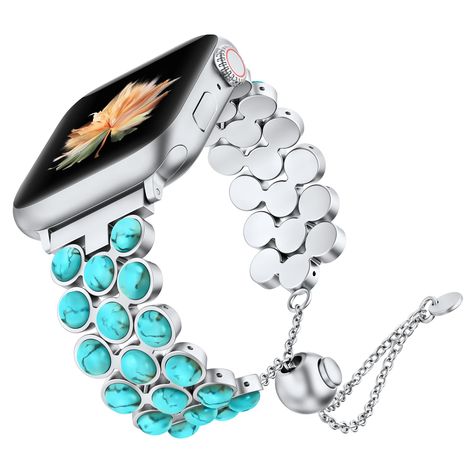 PRICES MAY VARY. 【Unique Turquoise Bracelet Design】Designed with women in mind, this compatible with apple watch band turquoise features a gorgeous highly polished turquoise teardrop stone set in a high-quality stainless steel metal bracelet, forming a unique honeycomb shape. Embrace the western charm and showcase your unique fashion sense with this eye-catching and trendy accessory. 【Premium Stainless Steel Material】Crafted from durable stainless steel, our compatible with Apple watch dressy br Apple Watch Band Charms, Apple Watch Stainless Steel, Honeycomb Shape, Apple Watch Bracelets, Apple Watch Sizes, Apple Band, Turquoise Accents, Apple Watch Accessories, Watch Ultra