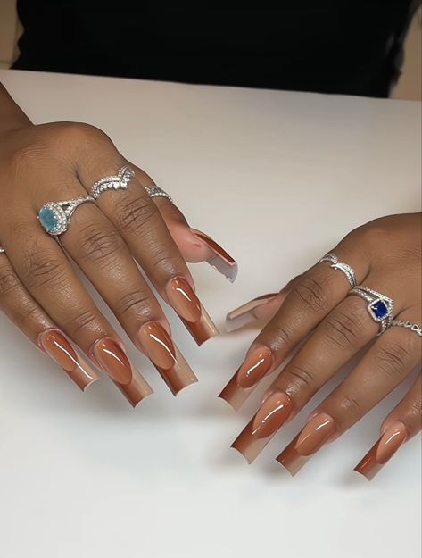 brown and nude ombre french tip square shaped nails Nude Nails Square, Fall Nails Ombre, Nails Inspiration 2023, Nails Ombre French, Brown Nude Nails, Fall Nails Inspiration, Ombre French Tips, Braids Natural, Natural Acrylic